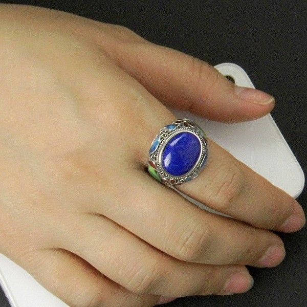 Nouveau Motif Rétro En Argent Sterling Incrusté De Lapis Lazuli Naturel Bague