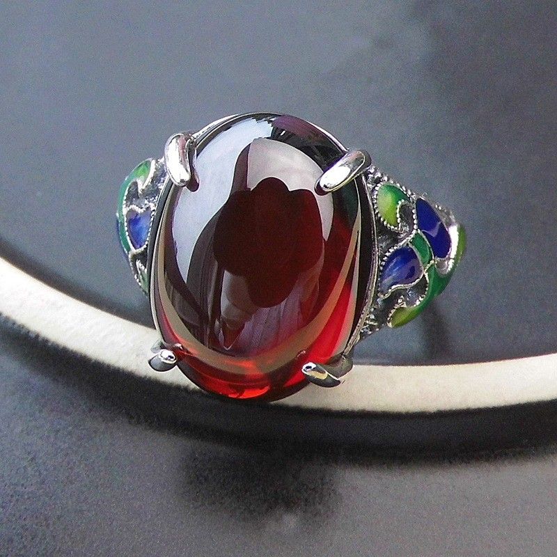 Nouvelle Bague Pour Femme En Grenat Cloisonné En Argent Sterling 925 Noble