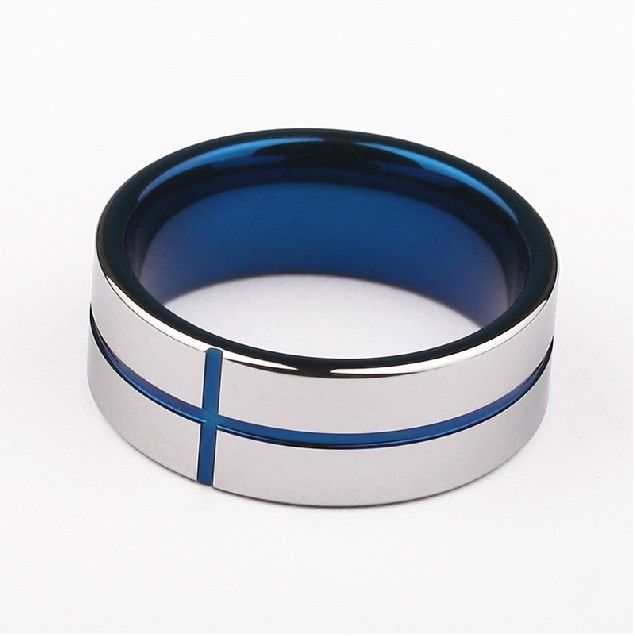 Nouvelle Bague Pour Homme Élégante En Tungstène Avec Croix Bleue