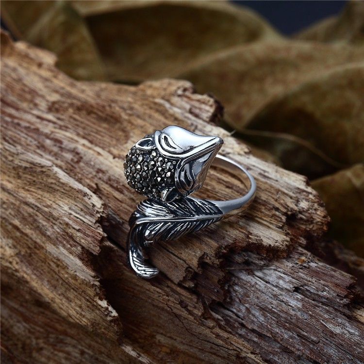 Nouvelle Bague D'ouverture Pour Femme En Argent Sterling 925 En Forme De Renard Incrusté De Pierres Précieuses Noires