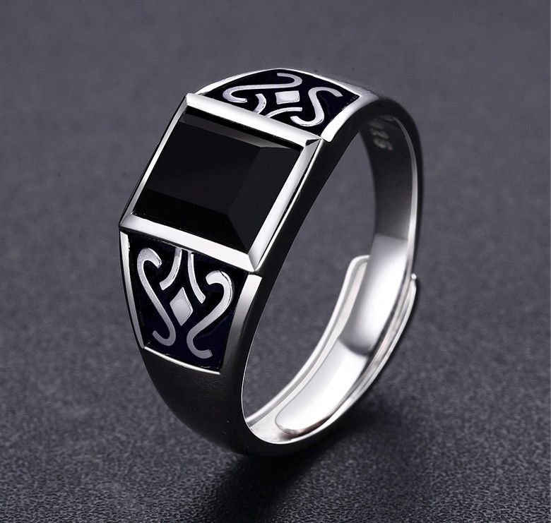 Obsidian Mysterious Totem S925 Bague En Argent Sterling Pour Homme