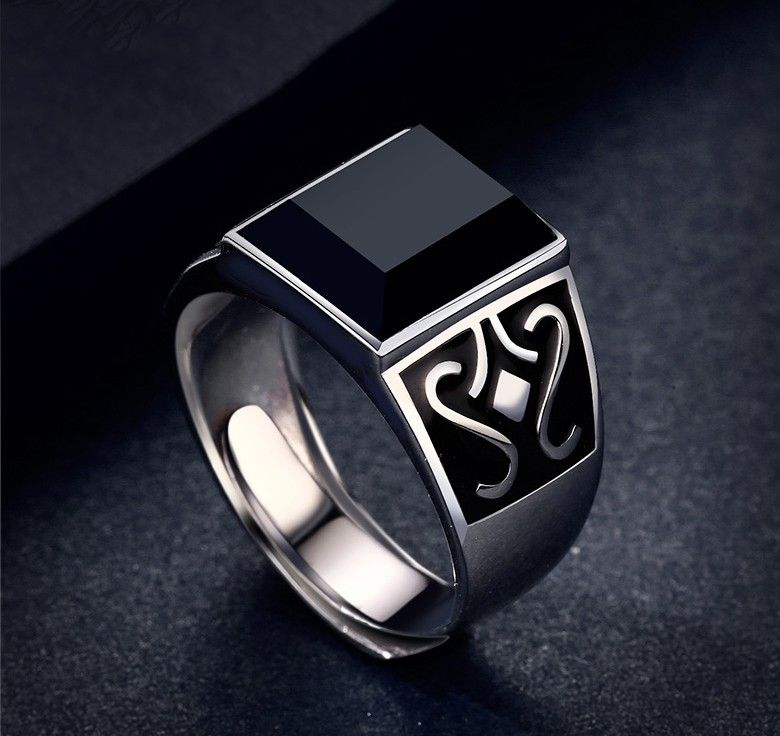 Obsidian Mysterious Totem S925 Bague En Argent Sterling Pour Homme