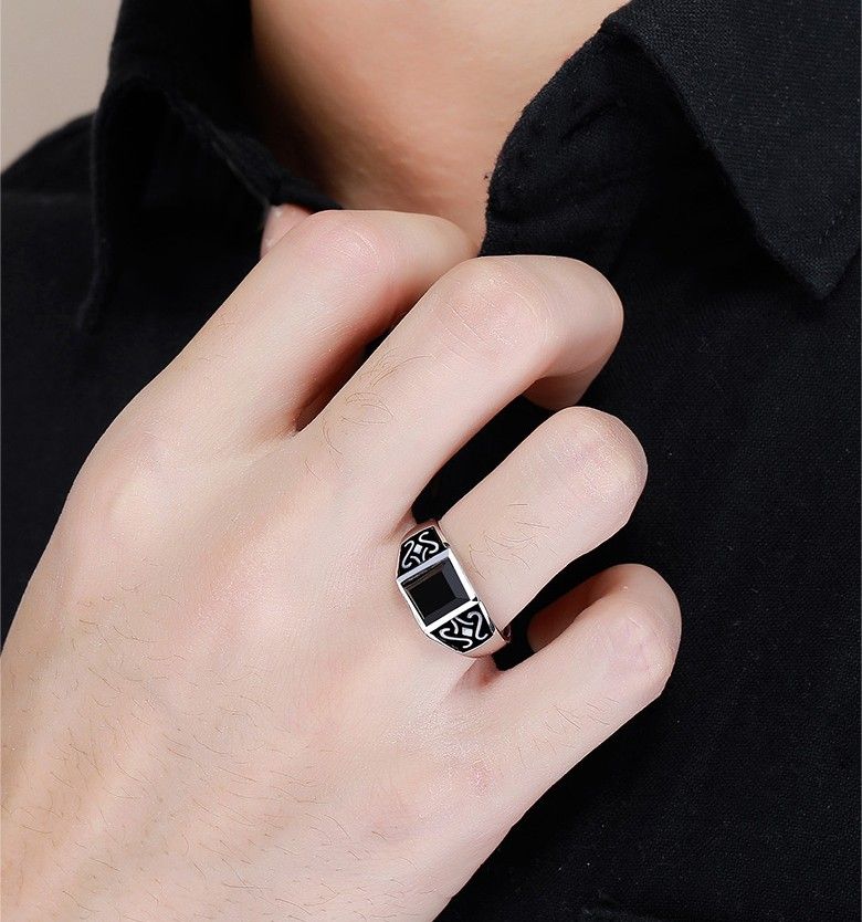 Obsidian Mysterious Totem S925 Bague En Argent Sterling Pour Homme