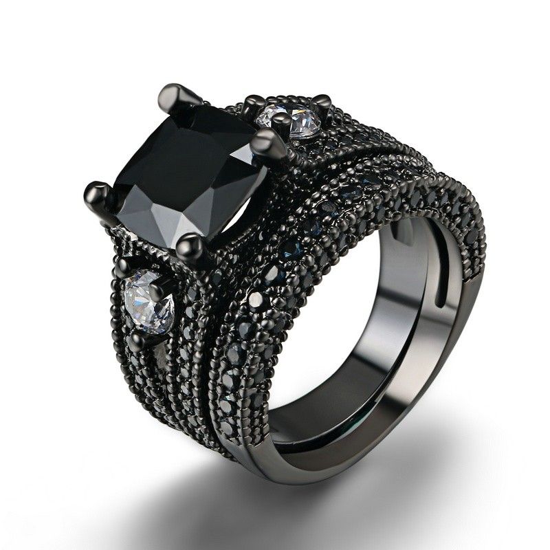 Personnalité Dominatrice Charmante Bague En Cuivre Plaqué Or Noir Incrusté CZ Ensemble De Femme