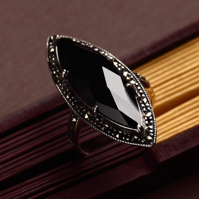 Personnalité Exagérée Dominatrice Bague En Argent Sterling 925 Incrusté Onyx Noir