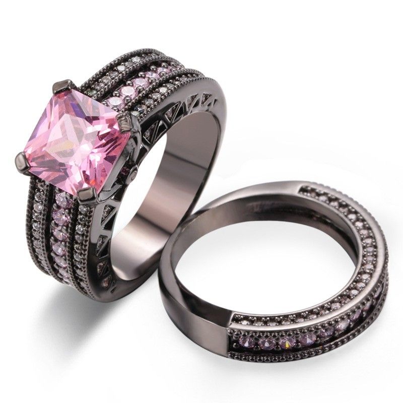 Populaire En Europe Bague Double Ensembles En Or Noir Plaqué Diamant Rose Exquis