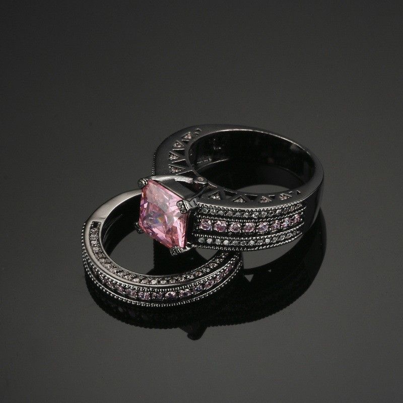 Populaire En Europe Bague Double Ensembles En Or Noir Plaqué Diamant Rose Exquis