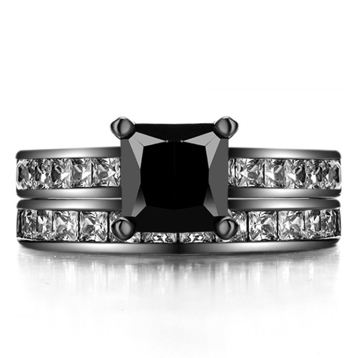 Princess Cut Black Sapphire 925 Sterling Silver Black Engagement / Wedding Ring Ensemble De Mariée