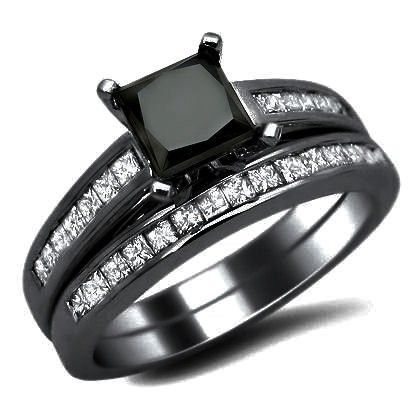 Princess Cut Black Sapphire 925 Sterling Silver Black Engagement / Wedding Ring Ensemble De Mariée