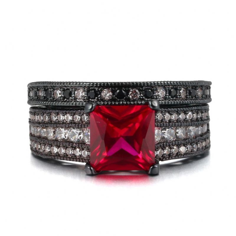 Princesse Cut Rose Red Sapphire 925 Sterling Silver Black Engagement / Wedding Ring Ensemble De Mariée