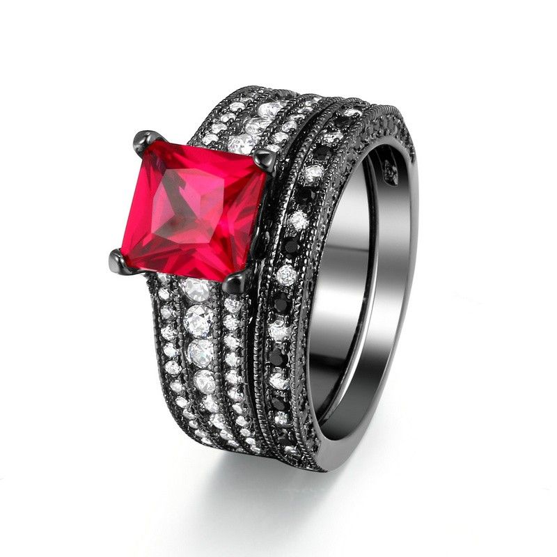 Princesse Cut Rose Red Sapphire 925 Sterling Silver Black Engagement / Wedding Ring Ensemble De Mariée