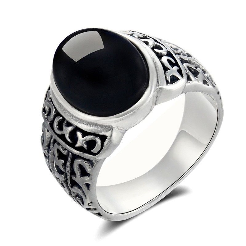 Retro Atmosphere Bague Pour Homme En Argent Sterling 925 Incrusté D'onyx Noir