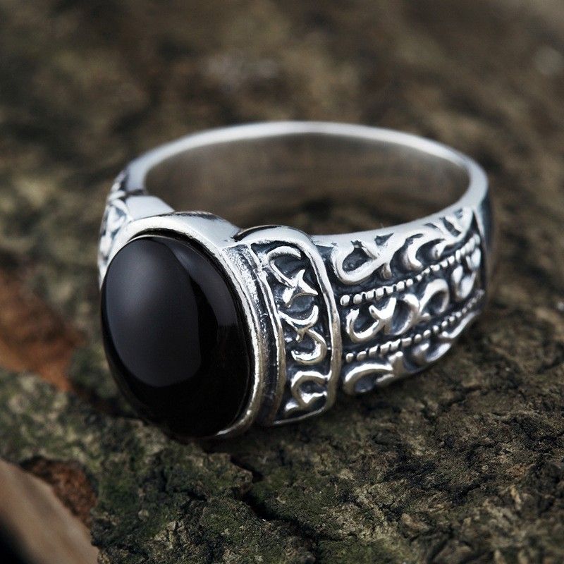 Retro Atmosphere Bague Pour Homme En Argent Sterling 925 Incrusté D'onyx Noir