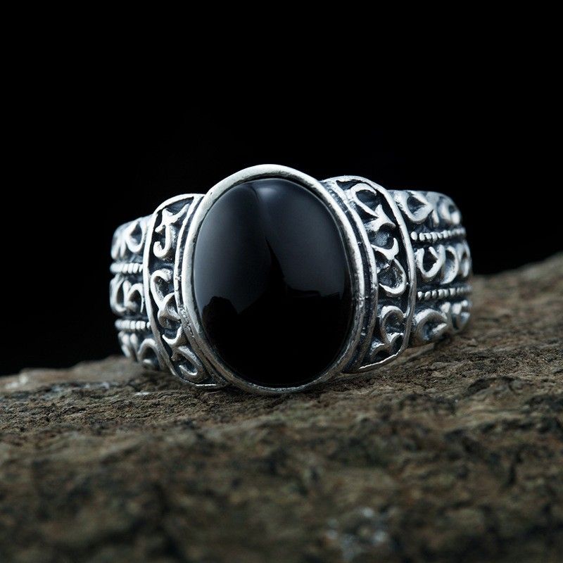 Retro Atmosphere Bague Pour Homme En Argent Sterling 925 Incrusté D'onyx Noir