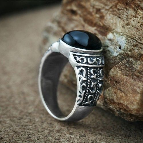 Retro Atmosphere Bague Pour Homme En Argent Sterling 925 Incrusté D'onyx Noir