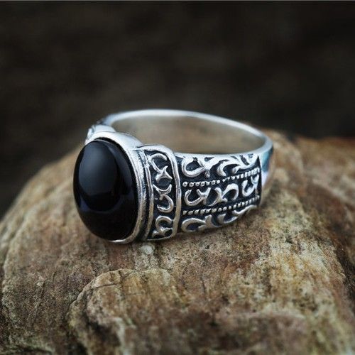 Retro Atmosphere Bague Pour Homme En Argent Sterling 925 Incrusté D'onyx Noir