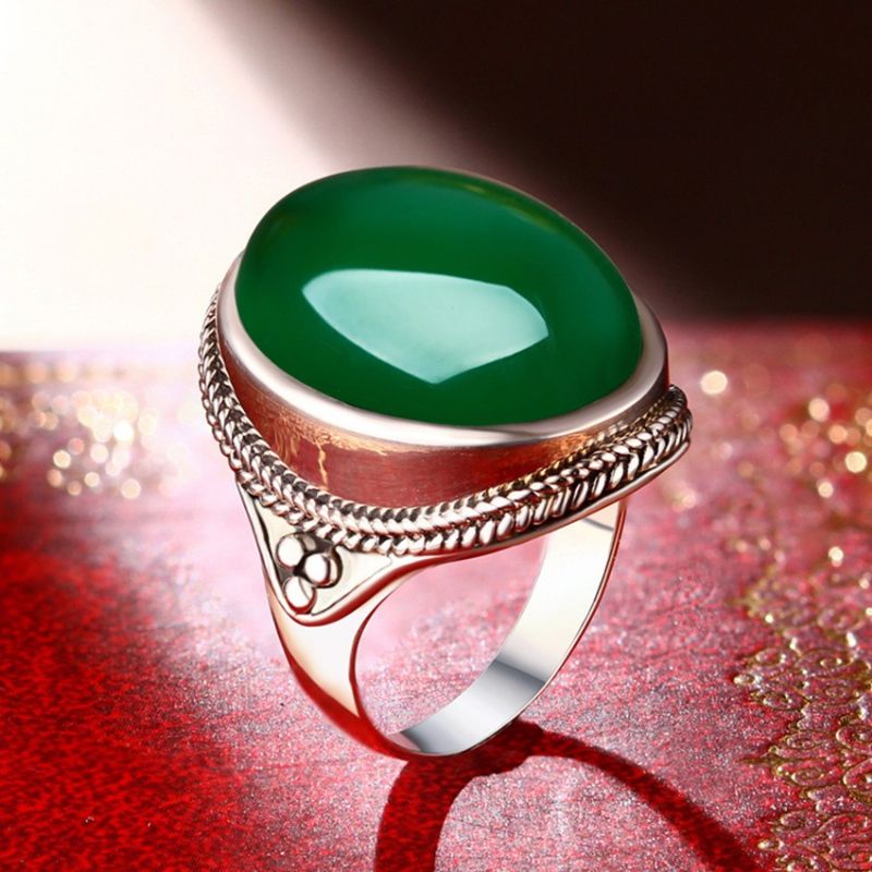 Rétro Haut De Gamme En Argent Sterling 925 Incrusté De Calcédoine Verte Naturelle Grande Bague