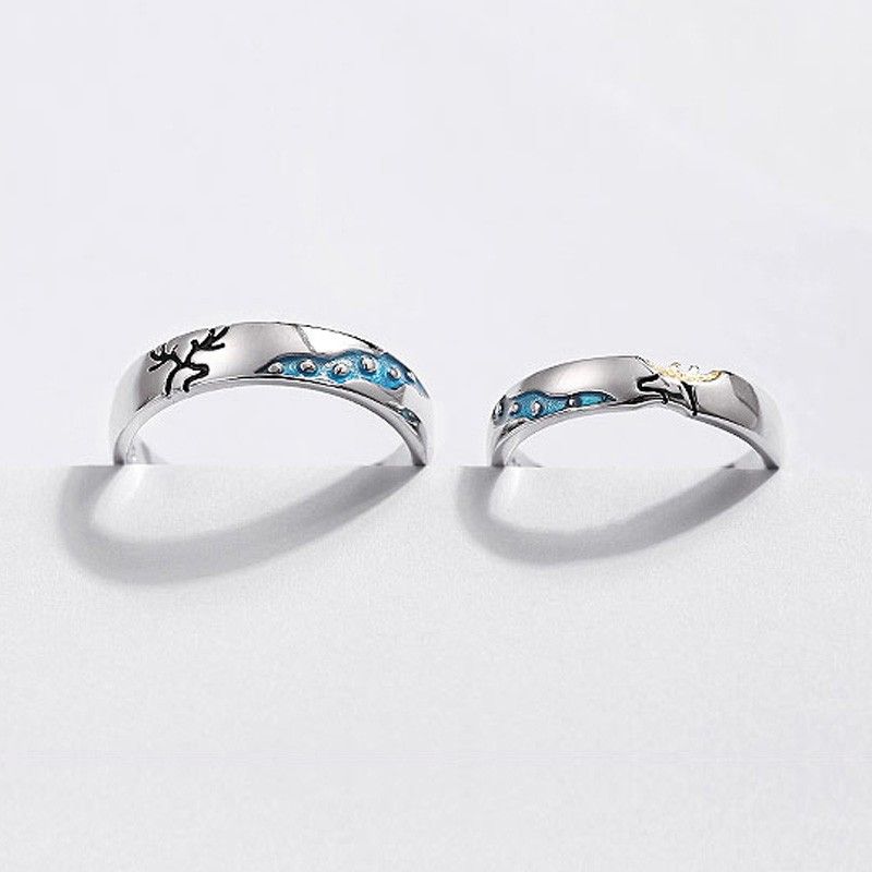 Romantic Creek And Deer S925 Anneaux De Couple Ajustables Pour Amoureux En Argent Sterling