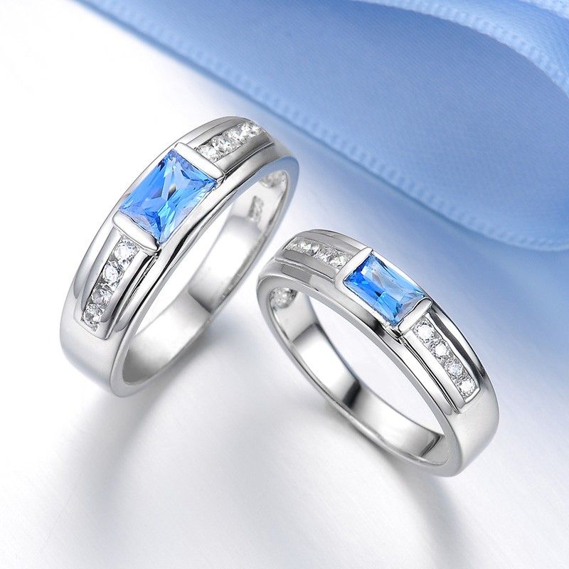 S925 Argent Sterling Incrusté Brillant Bleu CZ Couple Anneaux