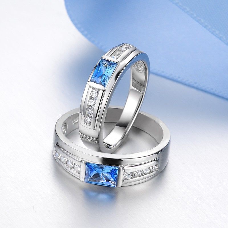 S925 Argent Sterling Incrusté Brillant Bleu CZ Couple Anneaux