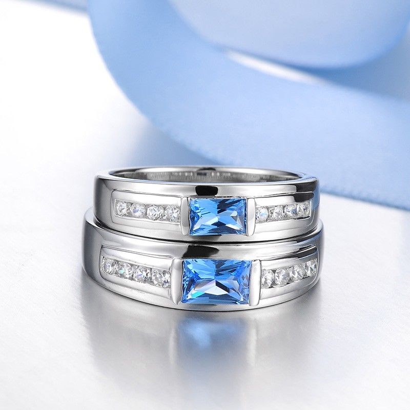 S925 Argent Sterling Incrusté Brillant Bleu CZ Couple Anneaux