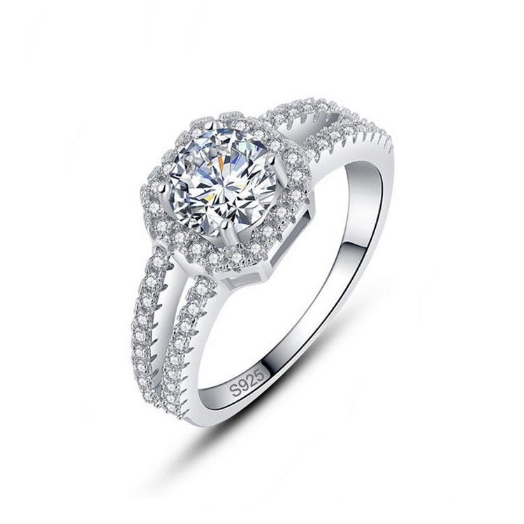 S925 Simulation Incrustée D'argent 1ct Diamant De Fiançailles / Bague De Mariage