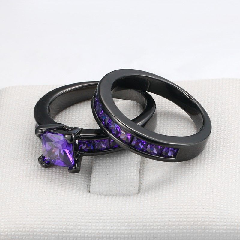 Simple Atmosphérique Noir Plaqué Or Cuivre Incrusté Charmimg Violet CZ Bague De Fiançailles Ensemble