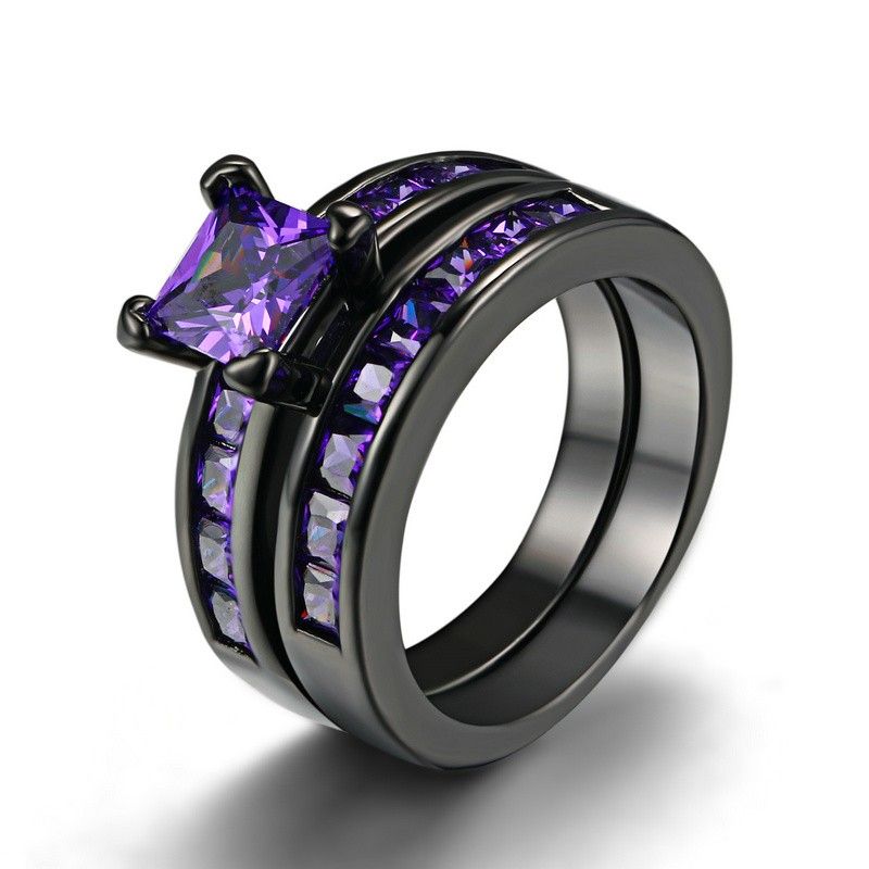 Simple Atmosphérique Noir Plaqué Or Cuivre Incrusté Charmimg Violet CZ Bague De Fiançailles Ensemble