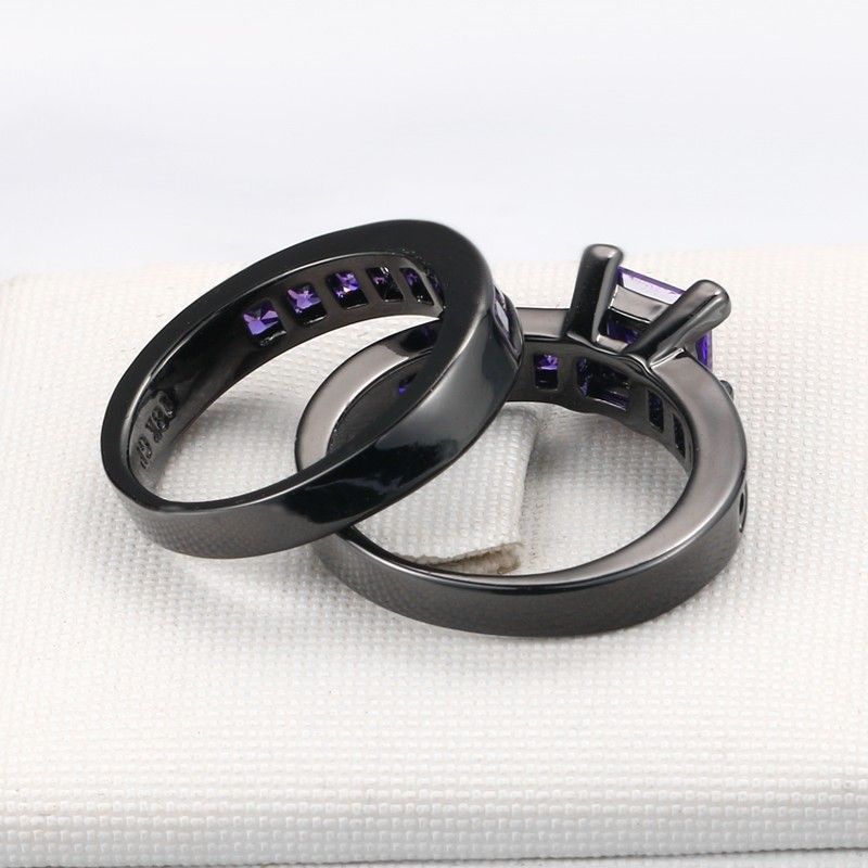 Simple Atmosphérique Noir Plaqué Or Cuivre Incrusté Charmimg Violet CZ Bague De Fiançailles Ensemble