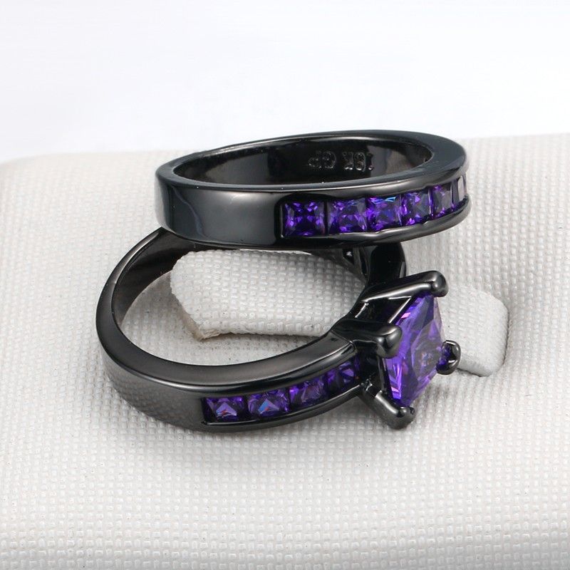 Simple Atmosphérique Noir Plaqué Or Cuivre Incrusté Charmimg Violet CZ Bague De Fiançailles Ensemble