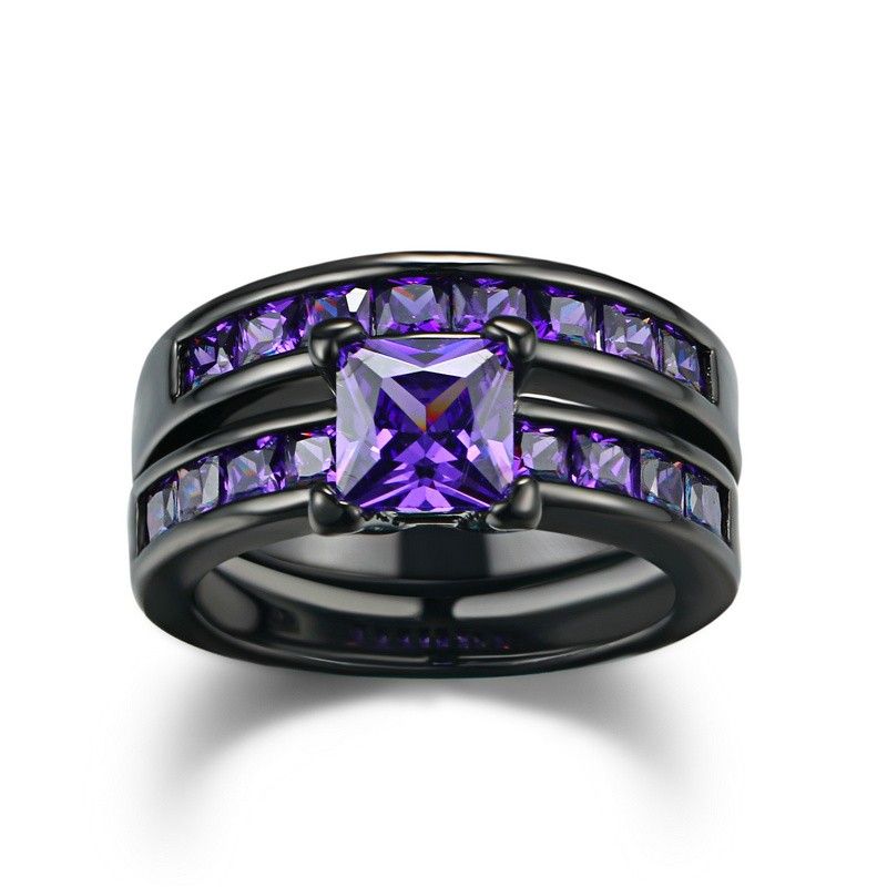 Simple Atmosphérique Noir Plaqué Or Cuivre Incrusté Charmimg Violet CZ Bague De Fiançailles Ensemble