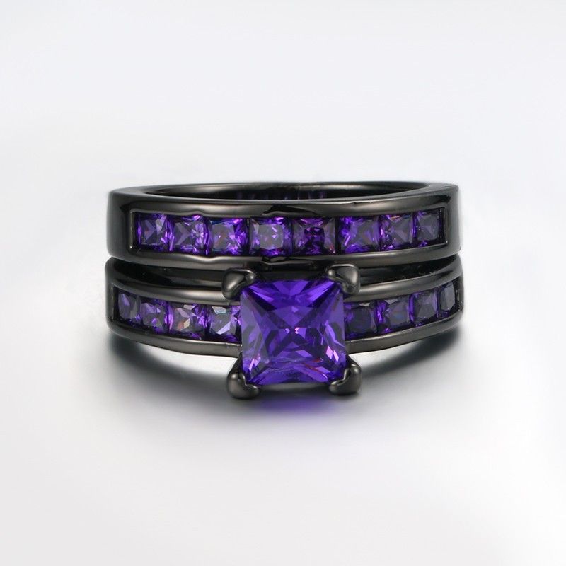 Simple Atmosphérique Noir Plaqué Or Cuivre Incrusté Charmimg Violet CZ Bague De Fiançailles Ensemble