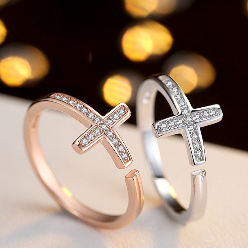 Simple Creative Cross S925 Argent Plaqué Or Rose Couple Anneaux