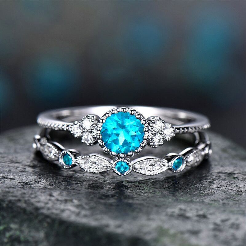 Simple Et Élégant Violet Vert Bleu Rose Lac Bleu Zircon Bague Femme Alliage Saphir Bague Ensemble