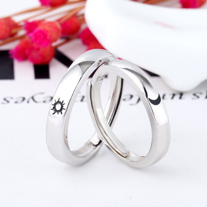 Soleil Et Lune Design Simple S925 Anneaux De Couple Réglables Pour Amoureux En Argent Sterling