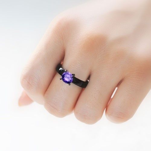 Unique Solitaire Violet Zircone Cubique CZ Bague Femme Bague Noire