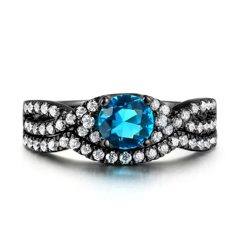 Vintage Aaa Qualité Bleu Zircon Cubique 925 Argent Sterling Noir Fiançailles / Bague De Mariage Ensemble De Mariée