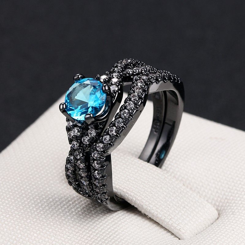 Vintage Aaa Qualité Bleu Zircon Cubique 925 Argent Sterling Noir Fiançailles / Bague De Mariage Ensemble De Mariée