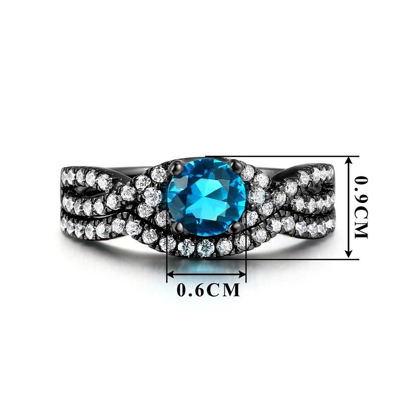 Vintage Aaa Qualité Bleu Zircon Cubique 925 Argent Sterling Noir Fiançailles / Bague De Mariage Ensemble De Mariée