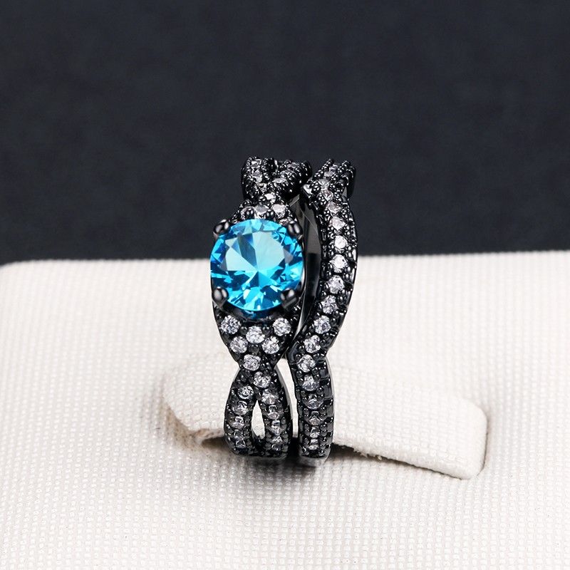 Vintage Aaa Qualité Bleu Zircon Cubique 925 Argent Sterling Noir Fiançailles / Bague De Mariage Ensemble De Mariée