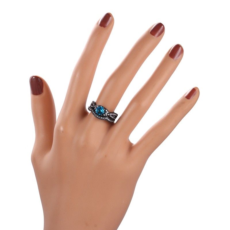 Vintage Aaa Qualité Bleu Zircon Cubique 925 Argent Sterling Noir Fiançailles / Bague De Mariage Ensemble De Mariée