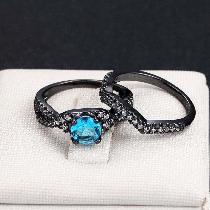 Vintage Aaa Qualité Bleu Zircon Cubique 925 Argent Sterling Noir Fiançailles / Bague De Mariage Ensemble De Mariée