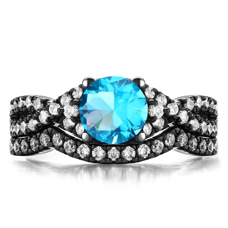 Vintage Aaa Qualité Bleu Zircon Cubique 925 Argent Sterling Noir Fiançailles / Bague De Mariage Ensemble De Mariée