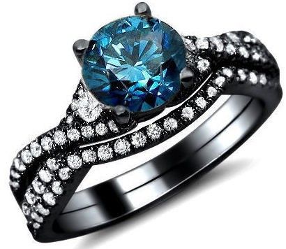 Vintage Aaa Qualité Bleu Zircon Cubique 925 Argent Sterling Noir Fiançailles / Bague De Mariage Ensemble De Mariée