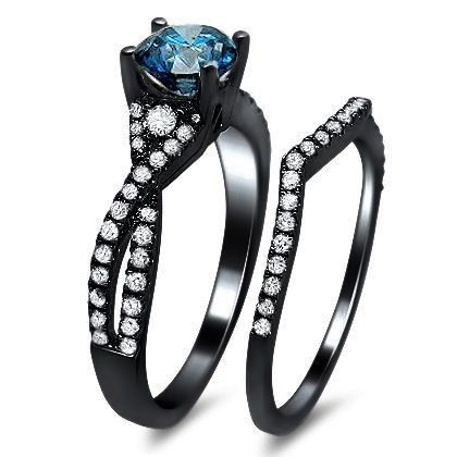 Vintage Aaa Qualité Bleu Zircon Cubique 925 Argent Sterling Noir Fiançailles / Bague De Mariage Ensemble De Mariée