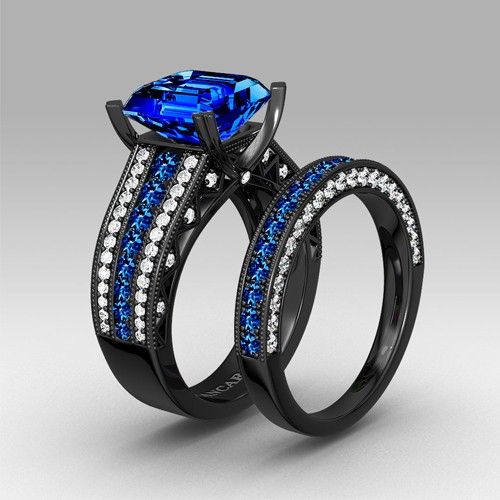 Zircon Cubique Bleu Avec Bague De Mariage Noire Pour Femme Asscher Cut Avec Argent Sterling 925