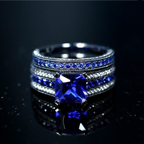 Zircon Cubique Bleu Avec Bague De Mariage Noire Pour Femme Asscher Cut Avec Argent Sterling 925