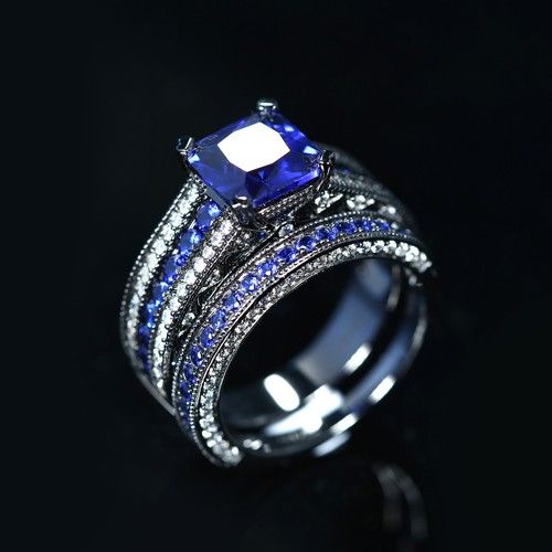 Zircon Cubique Bleu Avec Bague De Mariage Noire Pour Femme Asscher Cut Avec Argent Sterling 925