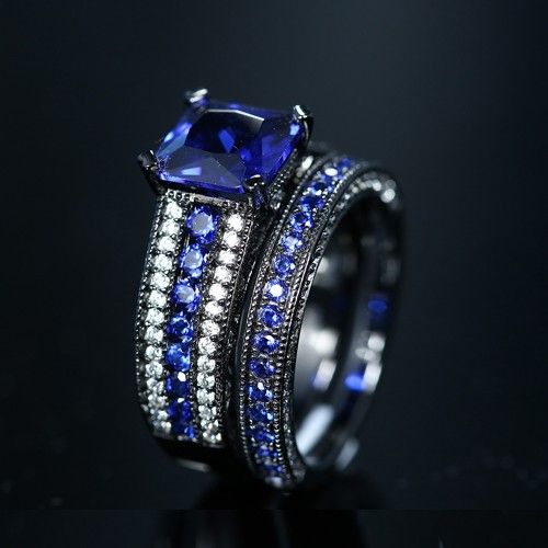 Zircon Cubique Bleu Avec Bague De Mariage Noire Pour Femme Asscher Cut Avec Argent Sterling 925