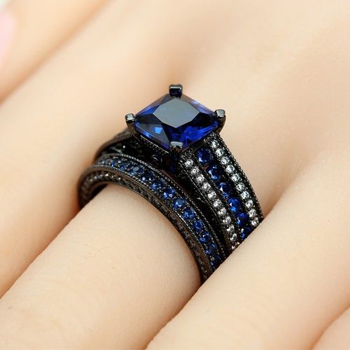 Zircon Cubique Bleu Avec Bague De Mariage Noire Pour Femme Asscher Cut Avec Argent Sterling 925